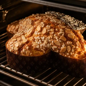 Golden Colomba cake baking with almonds and pearl sugar