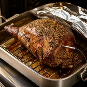 Herb-roasted leg of lamb browning on a rack in a roasting pan