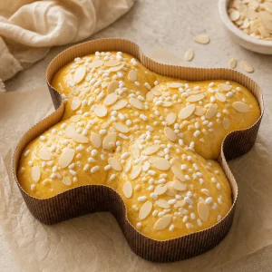 Proofed Colomba dough topped with almonds and pearl sugar