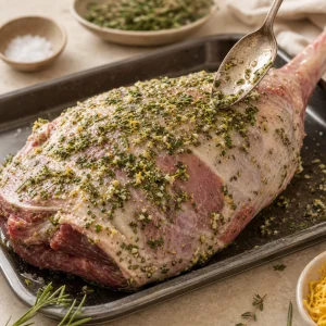 Raw leg of lamb coated with garlic rosemary herb paste