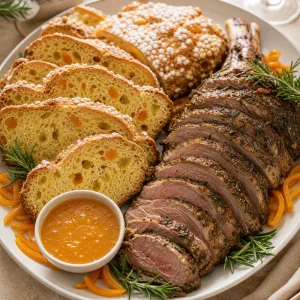Sliced herb-roasted lamb served with powdered Colomba cake