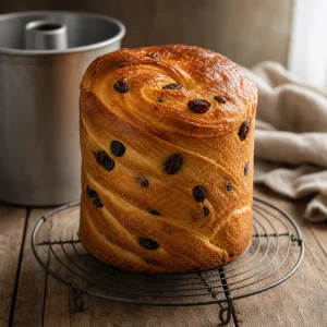 Baked golden raisin kulich kraffin cooling on a wire rack