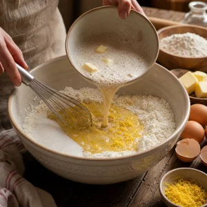 Egg mixture and yeast poured into flour for kulich dough