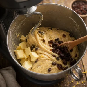 Elastic raisin dough kneading with butter in a mixer bowl