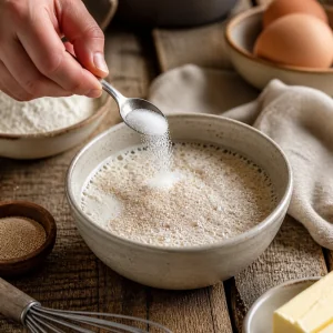 Foamy yeast blooming in warm milk with sugar