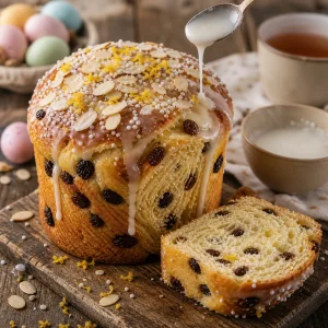 Lemon glaze drizzled over sliced kulich kraffin with pearl sugar