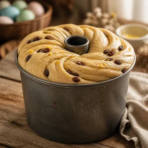 Proofed spiral raisin dough rising above a tall tube pan