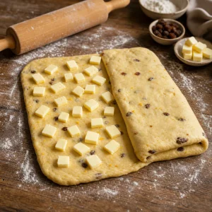 Raisin dough sheet dotted with cold butter for lamination