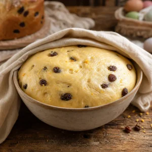 Risen raisin dough doubled in a bowl under a linen cloth