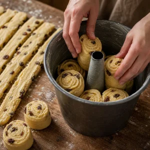 Spiral rolls of laminated raisin dough stacked in a tall pan
