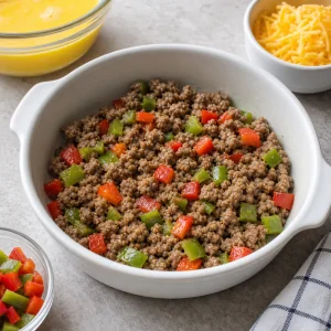 Crumbled sausage and diced bell peppers spread in the baking dish