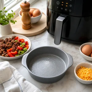 Greased round baking dish ready beside a preheating air fryer