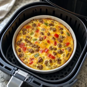Set golden frittata cooking in the air fryer basket