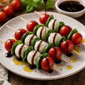 Brochettes caprese arrosées d’huile d’olive et de glaçage balsamique