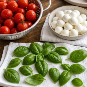 Tomates cerises, basilic et mozzarella séchant sur des torchons