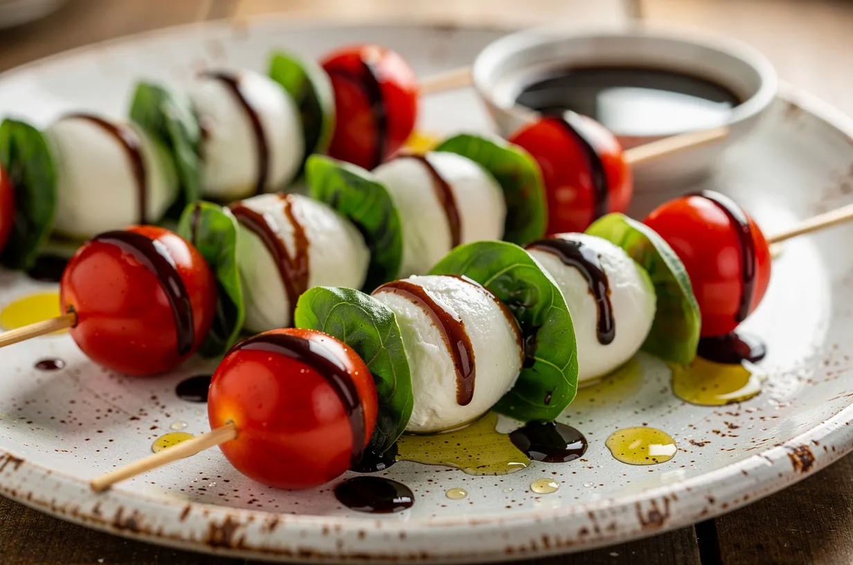 Easy Caprese Skewers with Balsamic Glaze & Fresh Basil