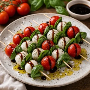 Brochettes caprese finies avec sel en flocons et poivre noir