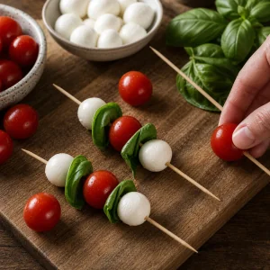 Tomates, basilic et mozzarella enfilés sur des brochettes de bambou