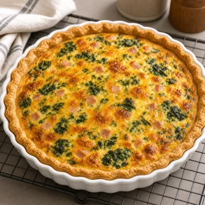 Quiche cotta con spinaci, prosciutto e cheddar che si raffredda in una teglia bianca.