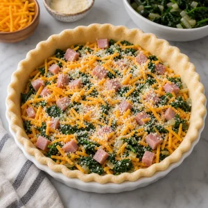 Base della quiche con cheddar, spinaci, cipolla, prosciutto e parmigiano.