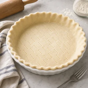 Guscio di pasta vuoto bucherellato in una teglia bianca per quiche da colazione.
