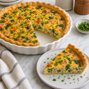 Quiche affettata con spinaci, prosciutto e cheddar guarnita con erbe fresche.