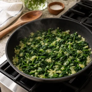 Spinaci e cipolla appassiti in padella per il ripieno della quiche.