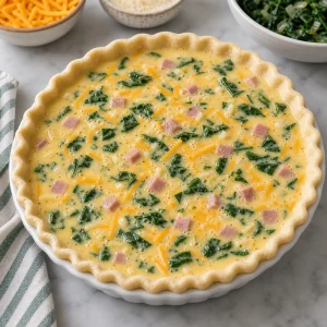 Quiche cruda riempita con crema di uova appena sotto il bordo della pasta.