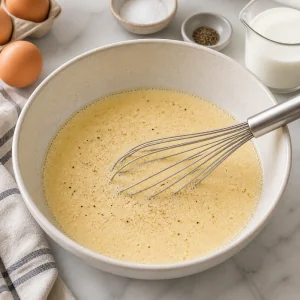 Crema di uova, latte e panna sbattuta per quiche con spinaci e prosciutto.