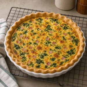 Quiche da colazione intera lasciata riposare prima del taglio.