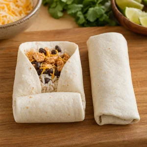 A chicken burrito partly folded and rolled with the filling tucked inside.