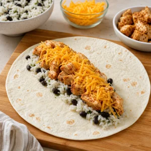 An open tortilla filled with rice, black beans, seasoned chicken, and shredded cheddar cheese.