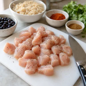 Chicken breast pieces sliced and seasoned with salt and black pepper for chicken burritos.