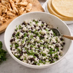 Cooked rice mixed with black beans and chopped cilantro in a bowl.