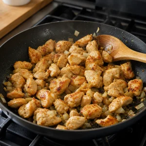 Golden chicken pieces cooking with onion and garlic in a skillet for chicken burritos.