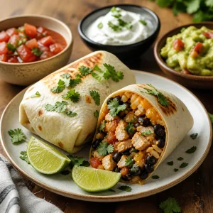 Hot chicken burritos served with cilantro, salsa, sour cream, lime, and guacamole.