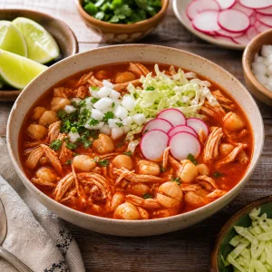 Chicken posole rojo ladled into a bowl with radishes, cabbage, cilantro, onion, and lime
