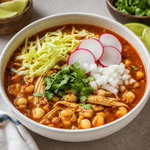 Finished chicken posole rojo with hominy, shredded chicken, radishes, cabbage, cilantro, onion, and lime