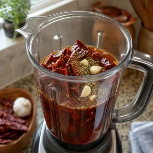 Softened chiles blended with soaking liquid, garlic, cumin, and oregano