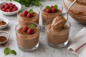 Chocolate mousse spooned into glasses and garnished with cocoa, raspberries, and mint