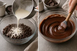Hot cream poured over chopped chocolate and stirred smooth
