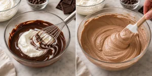 Melted chocolate folded gently into whipped cream for airy mousse