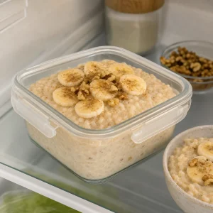 Bananen-Milchreis in einem klaren luftdichten Behälter