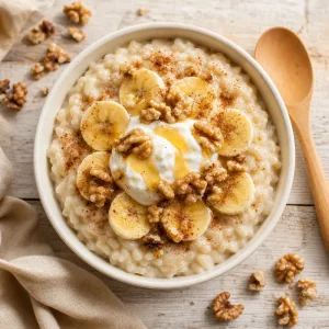 Bananen-Milchreis mit Walnüssen, Joghurt, Honig und Zimt