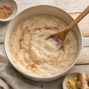 Cremiger Milchreis wird mit Zimt gerührt