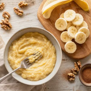 Zerdrückte Banane mit frischen Bananenscheiben