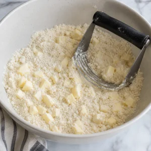 Kalte Butter in Mehl eingearbeitet, bis grobe Krümel entstehen