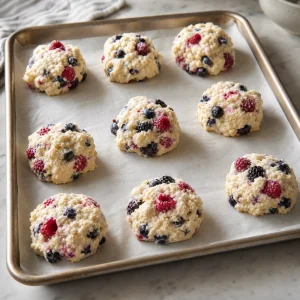 Acht rohe Beeren-Scone-Teighäufchen mit Abstand auf Backpapier
