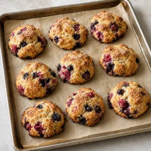 Goldbraun gebackene Beeren-Scones auf dem Backpapier
