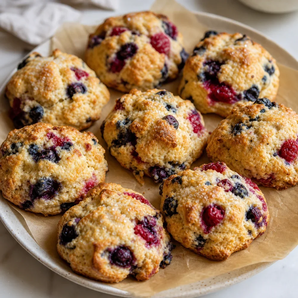 Goldbraune Beeren-Scones mit grobem Zucker darauf